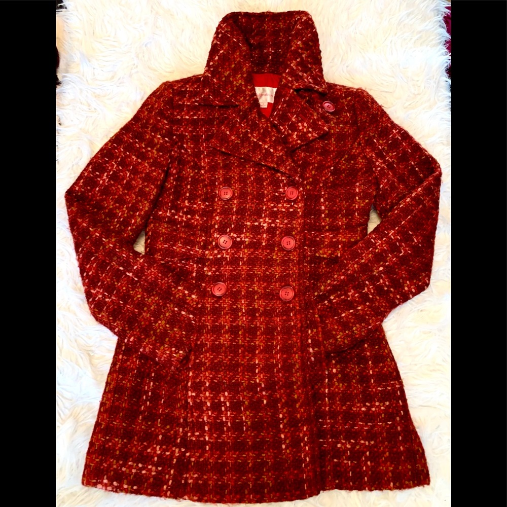 Target Xhilaration sz Small tweed plaid red orange pink double breasted coat